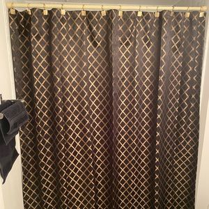 Black and gold fabric shower curtain & hand towel